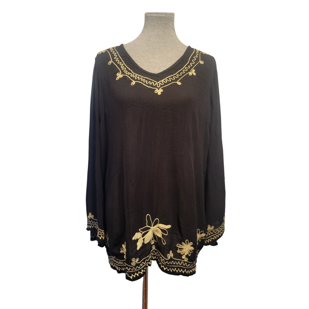 Charlie Paige Women S Black Tan Embroidered‎ Gauzy Boho Hippie Tunic Dark Fairy